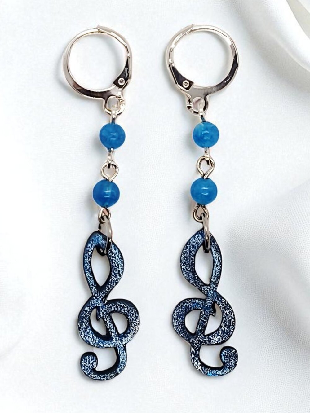 Fun Handmade Wooden Treble Clef Gemstone Dangle Earrings